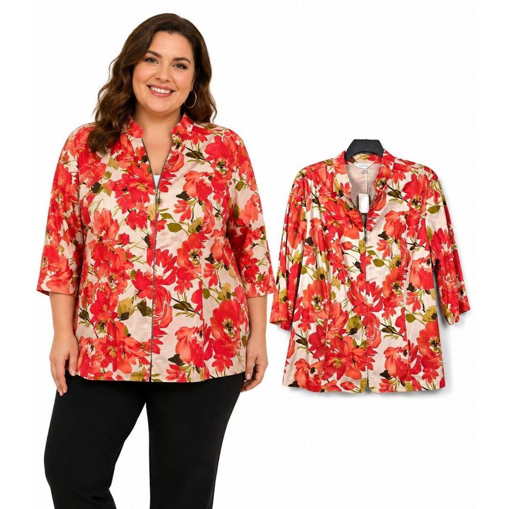 CJ Banks Floral Zip-Front Jacket Top 3X NWT